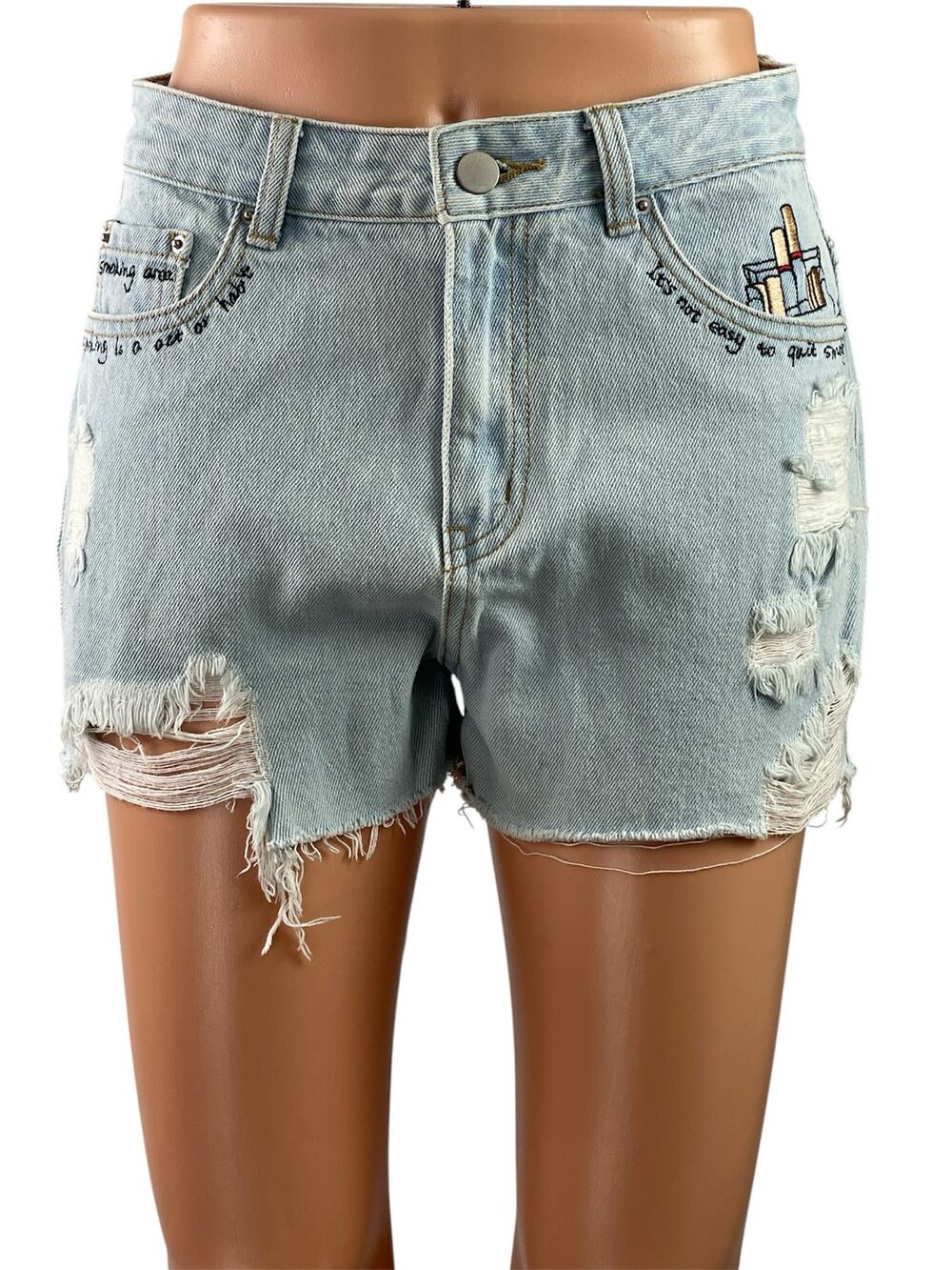 Ledin Love Blue Distressed Embroidered High Rise Cut Off Denim Jeans Shorts M